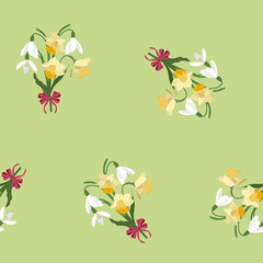 Seamless vector spring illustration with snowdrops and daffodils