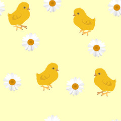 Seamless vector illustration with daisies and chickens