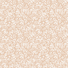 Cute floral pattern in the small flowers. Seamless vector texture. Elegant template for fashion prints. Printing with small white flowers. Light beige background.