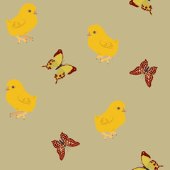 Seamless children's vector illustration with cute chickens and butterflies.