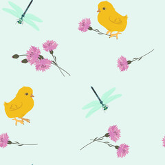 Seamless vector illustration with a cornflowers, dragonfly and chickens .