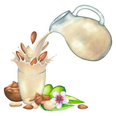 Watercolor plant based milk pouring from the glass jug into the cup with a splash of almonds