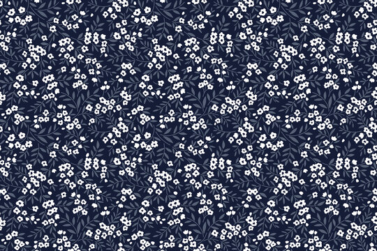 Vector seamless pattern. Pretty pattern in small flower. Small white flowers. Dark blue background. Ditsy floral background. The elegant the template for fashion prints.