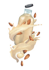 Watercolor milk stream with almond nuts flowing around the glass bottle.