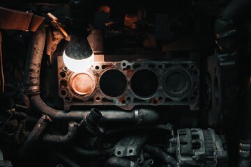 repair of an old engine car disassembled head and valves - 384132095