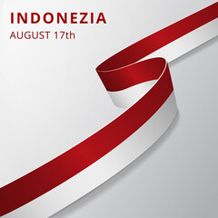 Flag of Indonezia. 17th of August. Vector illustration. Wavy ribbon on gray background. Independence day. National symbol. Graphic design template.