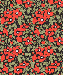 Fototapeta na wymiar Vintage floral background. Seamless vector pattern for design and fashion prints. Flowers pattern with small red flowers on a black background. Ditsy style.