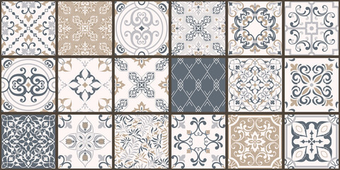 Collection of 18 ceramic tiles in turkish style. Seamless colorful patchwork from Azulejo tiles. Portuguese and Spain decor. Islam, Arabic, Indian, Ottoman motif. Vector Hand drawn background - 384133003