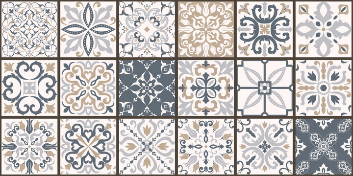 Collection of 18 ceramic tiles in turkish style. Seamless colorful patchwork from Azulejo tiles. Portuguese and Spain decor. Islam, Arabic, Indian, Ottoman motif. Vector Hand drawn background