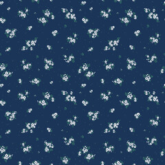 Seamless floral pattern for design. Small white flowers.  Navy  blue background. Modern floral pattern. elegant template for fashion prints.