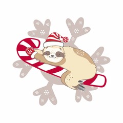 Vector Christmas illustration of a sloth bear in a hat and mittens. Cute sloth on Christmas candy isolated on white background.