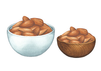 Watercolor bowls of almonds isolated on the white background