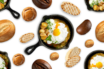 Seamless pattern fried eggs in a frying pan, different types of bread. Delicious and hearty breakfast. White isolated background. Concept for printing and design.
