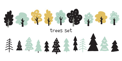 illustration set of different trees cute spruce, vector drawing - 384134090