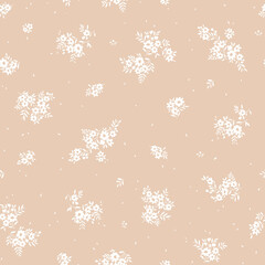 Naklejka na ściany i meble Vintage floral background. Seamless vector pattern for design and fashion prints. Flowers pattern with small white flowers on a light beige background. Ditsy style.