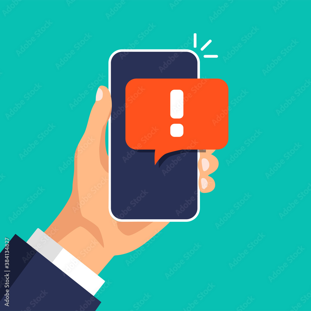 Poster mobile phone screen with a warning about spam, secure connection, fraud, virus. phone alarm notice a