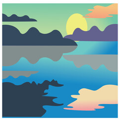 Fototapeta na wymiar Illustration of flat sea and mountain scenery at night with colorful vector design background