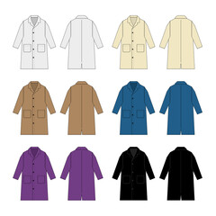 Long coat, trench coat vector template illustration set