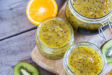 homemade kiwi jam. fruit jam or confiture  from kiwi and oranges