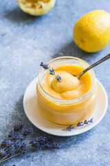 homemade lemon curd in a jar. delicious lemon cream or jam for a healthy snack