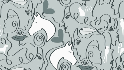 Abstract One Line Drawing Mix Animals Hearts Lips Eyes and Woman Faces Repeating Vector Pattern Isolated Background