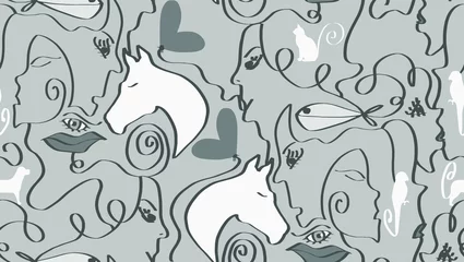 Wallpaper murals One line Abstract One Line Drawing Mix Animals Hearts Lips Eyes and Woman Faces Repeating Vector Pattern Isolated Background