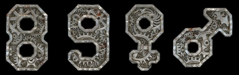 Mechanical alphabet made from rivet metal with gears on black background. Set of numbers 8, 9 and symbols female, male. 3D