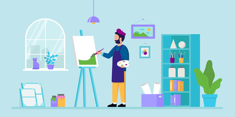 Creativity And Art Concept. An Artist Drawing A Landscape. Male Character Standing With Paint Brush And Palette Of Colors Painting A Picture In An Art Studio. Cartoon Flat Style Vector Illustration