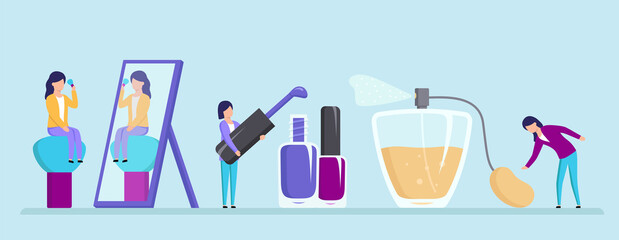 Beauty And Style Concept. Female Characters Powdering Face In Front Of Big Mirror, Holding Brush From Opened Nail Polish, Pressing Fragrance Sprayer. Colorful Cartoon Flat Style Vector Illustration