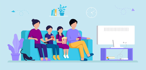 Home Cinema Concept. Parents And Children Sitting On The Sofa In Front Of The TV Screen. Family Watching Movie, Children Drinking Cola And Eating Popcorn. Cartoon Vector Illustration In Flat Style