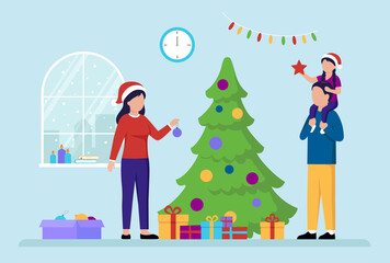 New Year Holiday Celebration Concept. Family Preparing For A New Year Celebration. Mother Decorating The Christmas Tree. Girl Sits On Father s Shoulders Holding A Star. Flat Style Vector Illustration