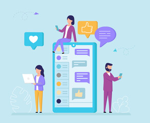 Online Communication Concept. Cartoon People Communicate, Text, Give Thumbs Up Or Like Using Smartphones And Laptop Connected To Internet, Application Or Messenger. Flat Style Vector Illustration