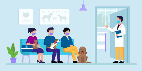 Fototapeta na wymiar Veterinary Clinic Concept. Veterinarian Opens The Door To His Cabinet For Visitors. People Sitting And Waiting For Appointment With Cats, Dogs And Other Domestic Pets. Flat Style Vector Illustration