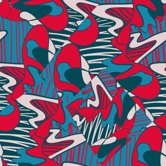 Abstract urban creative pattern with wavy red, blue, white shapes