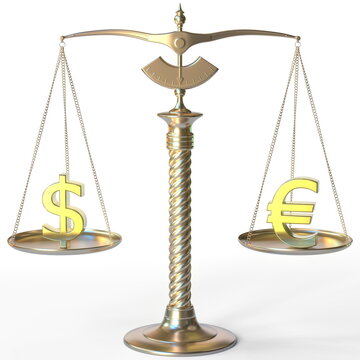 Dollar USD symbol and Euro sign on golden balance scales, forex parity conceptual 3d rendering