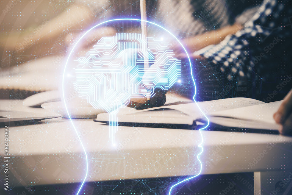 Poster man with multi exposure atificial intelligence brain icons.