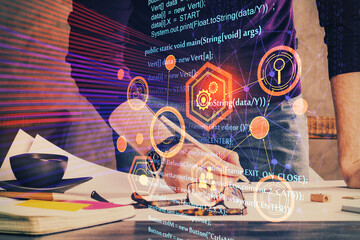 Writing Man hands with data theme multi exposure icons.