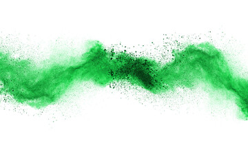 Green powder explosion on white background.