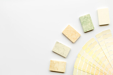 Boards samples with color scheme for furniture design interior. Overhead view