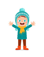 happy cute little kid play and wear jacket in winter season. child smile wearing warm clothes