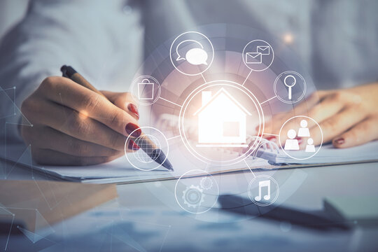 IOT drawing over writing hands in notepad background. Concept of smart home. Multi exposure