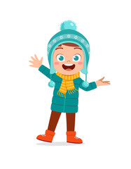 happy cute little kid play and wear jacket in winter season. child smile wearing warm clothes