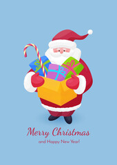 Greeting card of cartoon cute Santa Claus in red dress holding a box with a colorful gifts. Vector illustration in flat style.