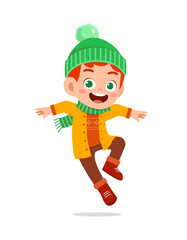 happy cute little kid play and wear jacket in winter season. child smile wearing warm clothes