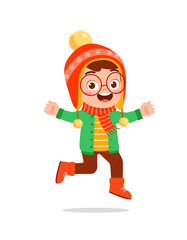 happy cute little kid play and wear jacket in winter season. child smile wearing warm clothes