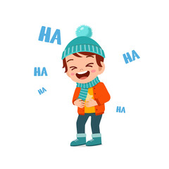 happy cute little kid play and wear jacket in winter season. child laugh wearing warm clothes