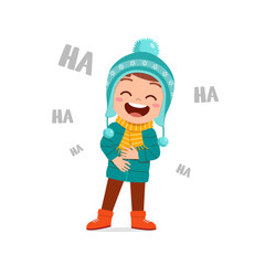 happy cute little kid play and wear jacket in winter season. child laugh wearing warm clothes