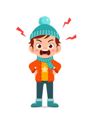 angry cute little kid scream and wear jacket in winter season. child shout wearing warm clothes