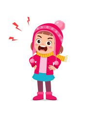 angry cute little kid scream and wear jacket in winter season. child shout wearing warm clothes