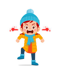 angry cute little kid scream and wear jacket in winter season. child shout wearing warm clothes